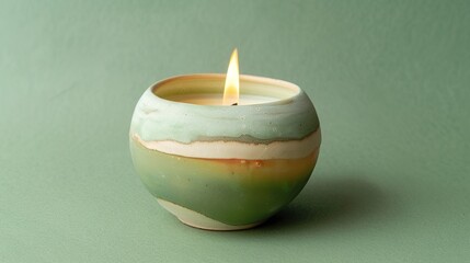 Handmade ceramic candle with a bright lit flame, featuring a smooth texture and artisanal design, set against a vivid green background. The glowing flame emits a warm light, highlighting the craftsman