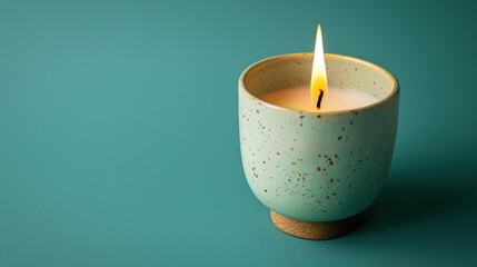 Handmade ceramic candle with a bright lit flame, featuring a smooth texture and artisanal design, set against a vivid green background. The glowing flame emits a warm light, highlighting the craftsman