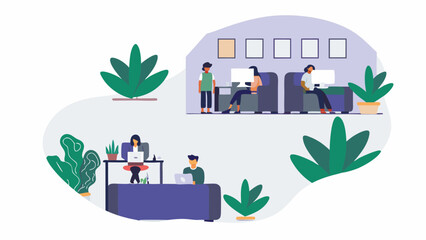 Illustration of people working in an office with computers and plants in a modern workspace setting