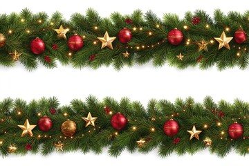 Christmas garland with green pine branches, red and gold ornaments, and twinkling lights. Perfect for holiday decorations and festive celebrations.