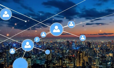 Global connections cityscape at night - Powered by Adobe