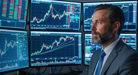 A man in a suit and tie, looking at multiple computer monitors displaying financial charts.