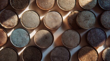 Collection of Shimmering Eyeshadow Pans Arranged Neatly in Diffused Light, Showcasing Unique Colors and Textures of Makeup