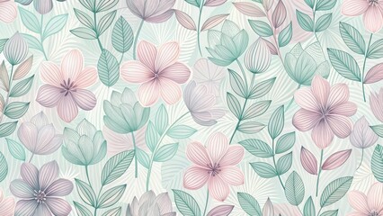 Elegant Pastel Floral Design with Delicate Line Art and Soft Color Palette Ideal for Textile Prints and Home Decor Applications