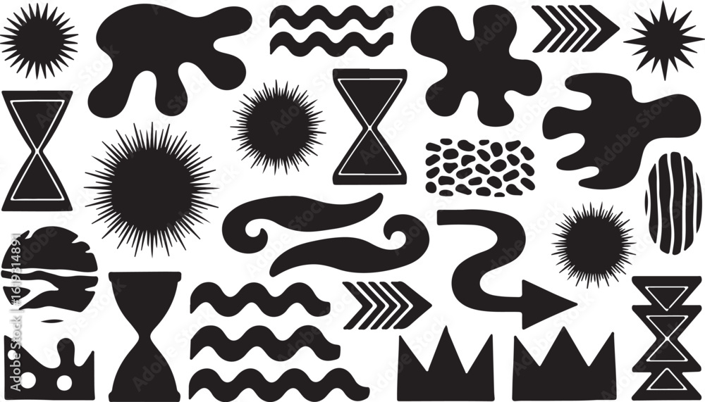 Poster collection of abstract black shapes and patterns isolated on transparent background