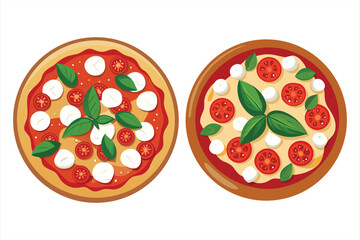 Delicious pizzas with fresh mozzarella, tomatoes, and basil, presented sidebyside on a plain background, showcasing italian cuisine