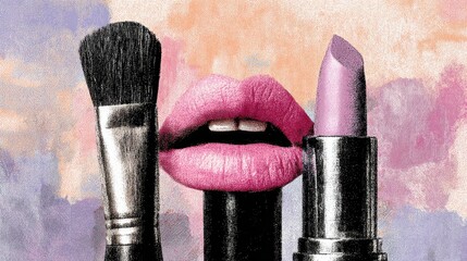 Collage Showcasing Beauty Icons With Pastel Backdrop Featuring Lips, Makeup Brush, and Lipstick for Creative Inspiration in Beauty Design