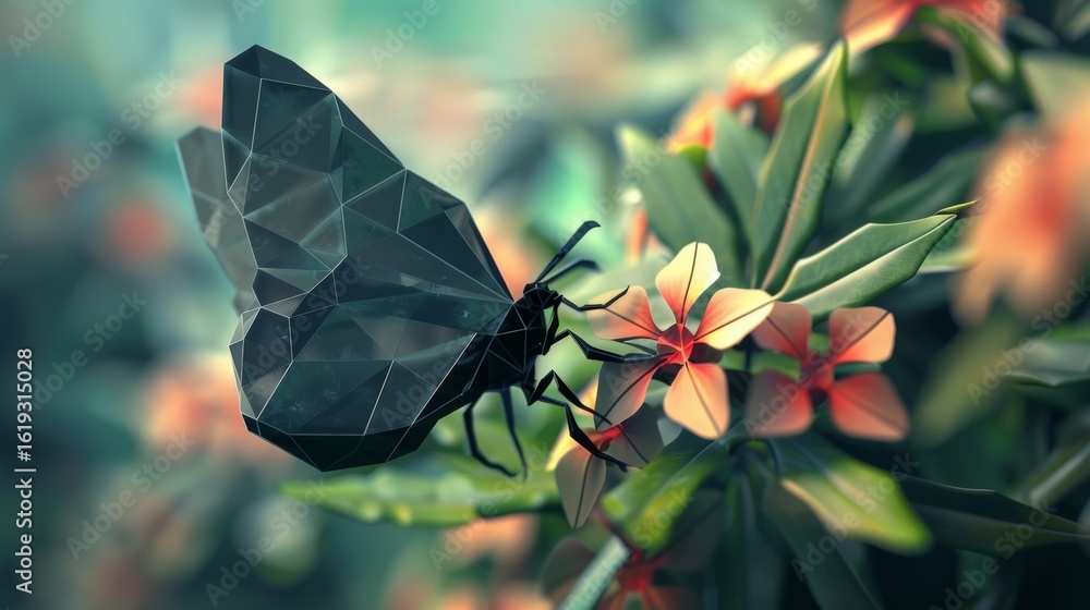 Poster a geometric butterfly resting on a of triangular flowers representing the delicate balance of nature