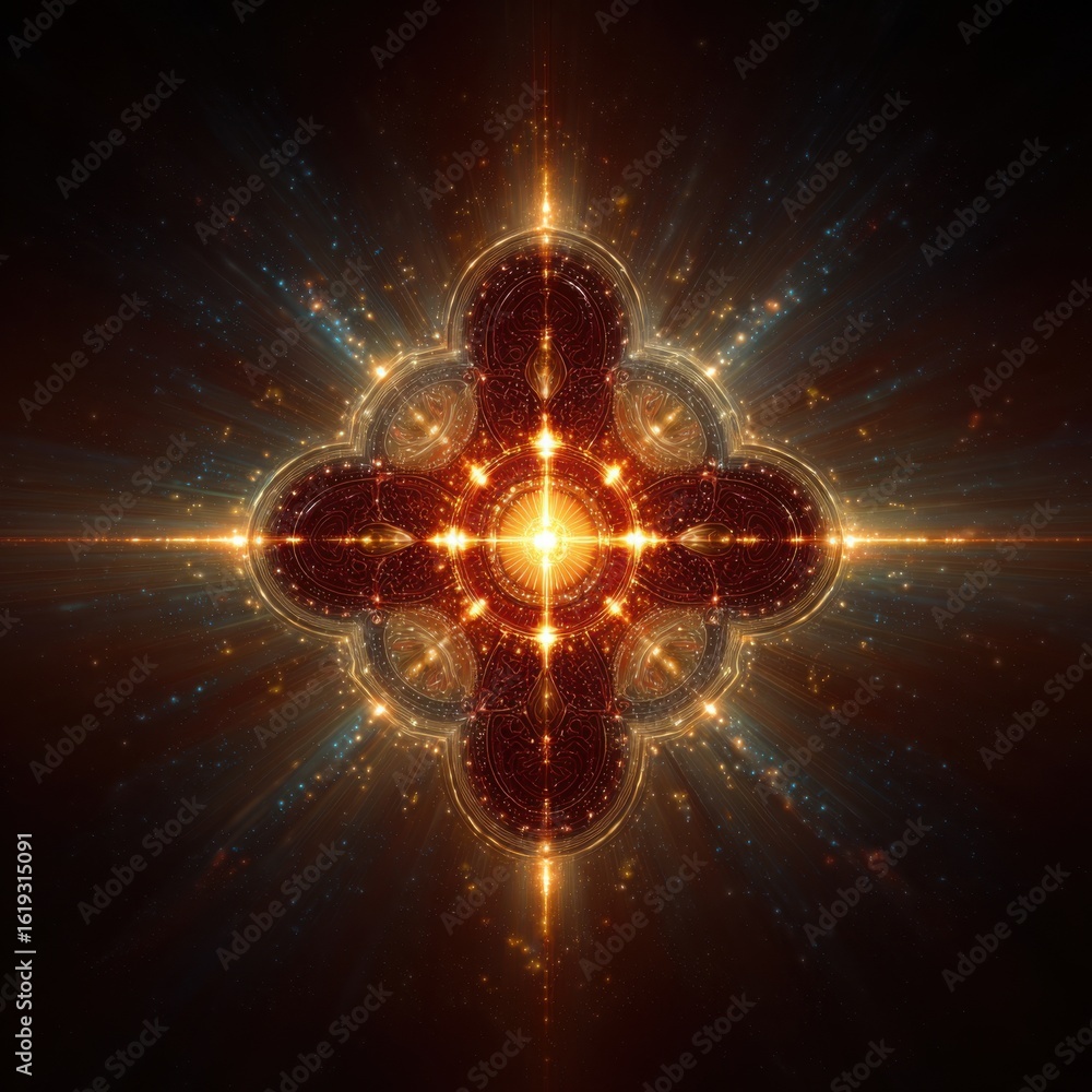 Poster this captivating cosmic design features a bright central star surrounded by intricate patterns and r