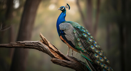 Obraz premium Majestic Peacock Perched on a Branch A Vibrant Display of Nature's Beauty