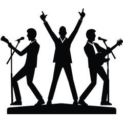 Three musicians performing on stage in silhouette band