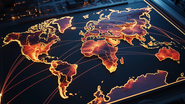 Glowing world map with digital connections and data streams