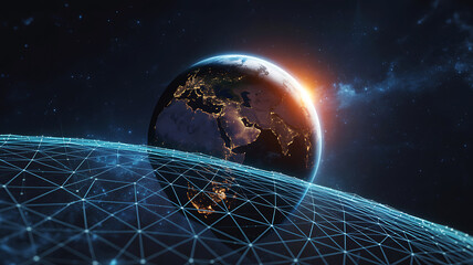 Earth protected by a digital network in outer space with glowing lights