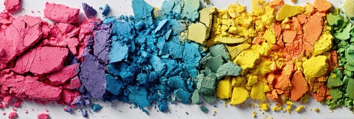 Cracked Powder and Shattered Pigments Arranged in a Vibrant Spectrum on a Clean Surface