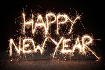 Sparkler writing of the phrase 'Happy New Year' against a dark background. The letters are illuminated with bright sparks, creating a festive atmosphere.