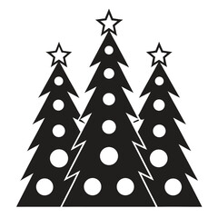 Three stylized black Christmas trees with white circles and stars