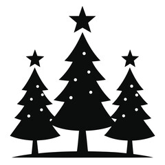 Three stylized black Christmas trees with white dots and stars