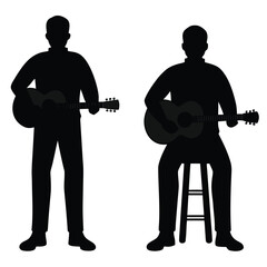 Two black silhouettes of men playing acoustic guitars