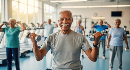 A group of elderly individuals exercising in a gym, lifting weights and smiling.