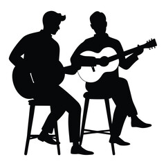 Two male musicians playing acoustic guitars while seated
