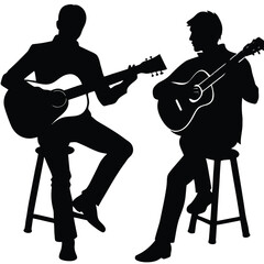 Two male musicians playing acoustic guitars silhouette