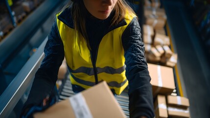 A worker carefully packaging items in a cardboard box at a busy warehouse station.