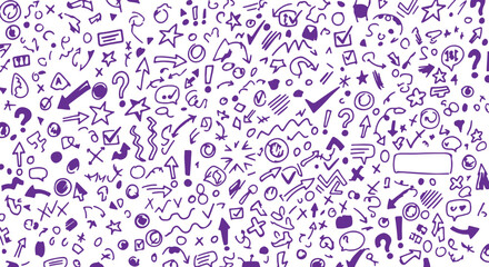 Large collection of small doodle icons and symbols isolated on transparent background