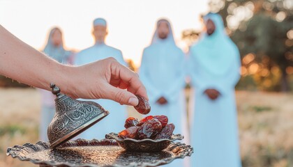 An ultra-realistic, cinematic close-up of a single hand gently reaching for a succulent date from a beautiful, ornate silver platter
