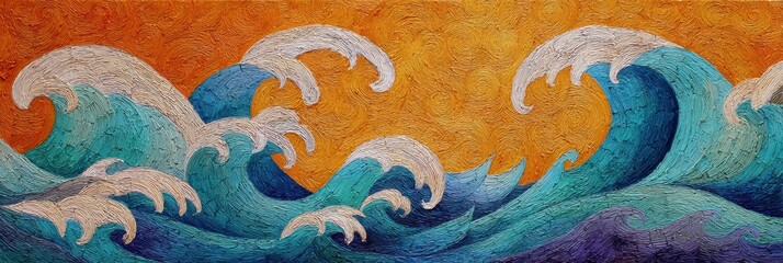 Energetic Oil Painting Showcasing Textured Waves and Curls Under a Vibrant Sunset Sky