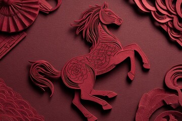 Red paper cutout of a horse surrounded by decorative elements. The design features intricate patterns and textures, symbolizing prosperity and good fortune.