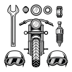 Vintage motorcycle parts and accessories black and white illustration