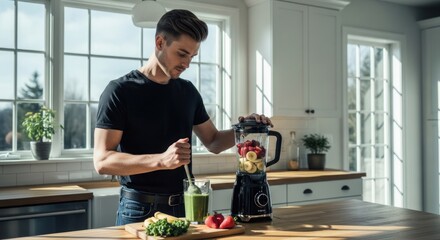 A man in a black shirt blending a smoothie with fruits in a kitchen.