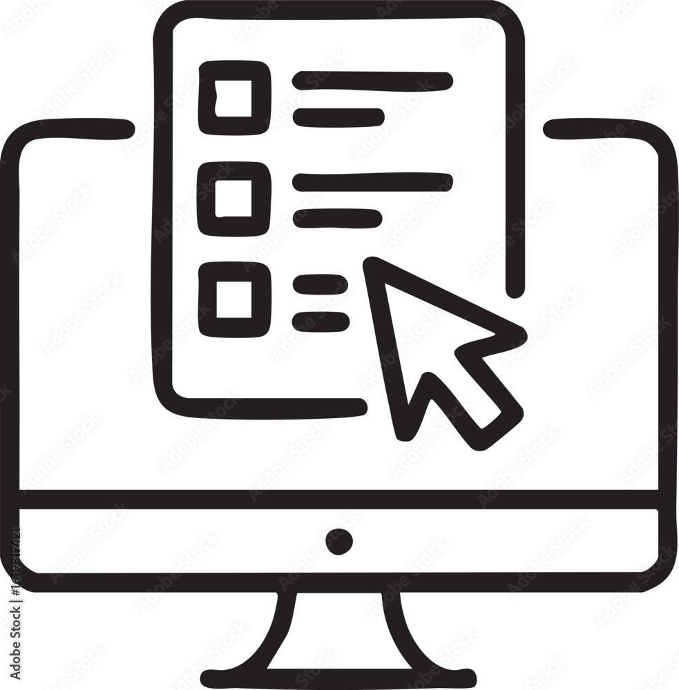Poster online survey line art minimalist vector illustration computer symbol with questionnaire form cursor