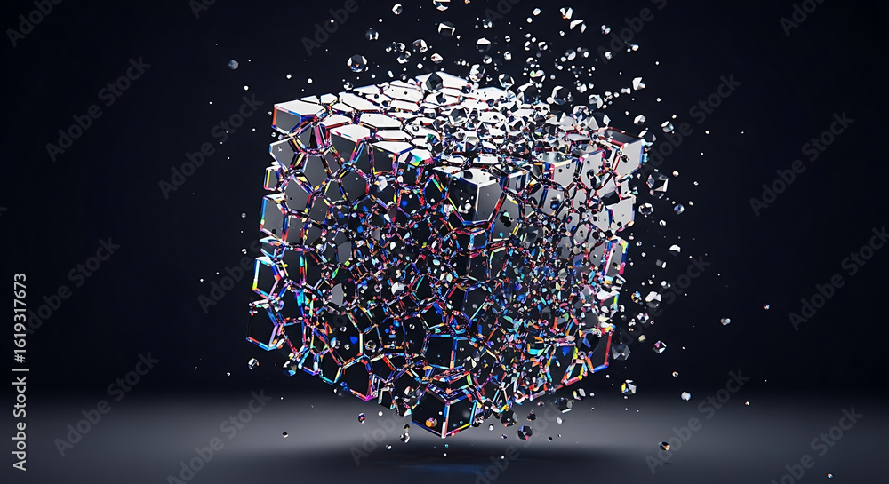 Aufkleber exploding cube made of small iridescent cubes with a dark background and reflective surface below ai