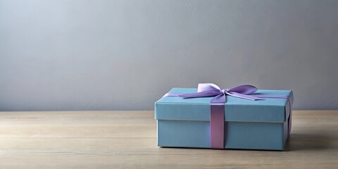 A light blue gift box adorned with a lavender ribbon sits on a wooden surface against a muted gray backdrop.