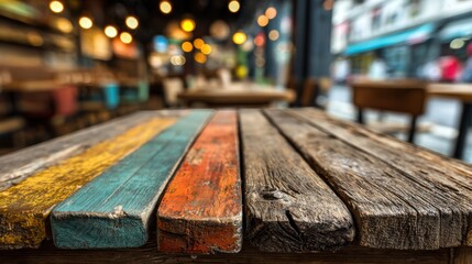 Fototapeta premium A rustic wooden table features colorful painted stripes, surrounded by a welcoming cafe atmosphere filled with soft lighting and hints of lively outdoor activity.