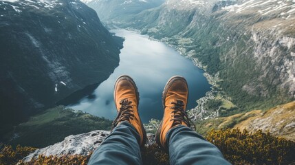 Person on cliff overlooking fjord