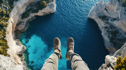 Person dangling over a vibrant blue sea cave