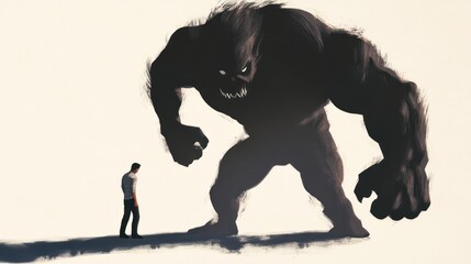 A small figure facing a large shadowy beast