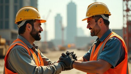 Two construction workers in hard hats and safety vests shake hands and smile at each other on a bustling city construction site