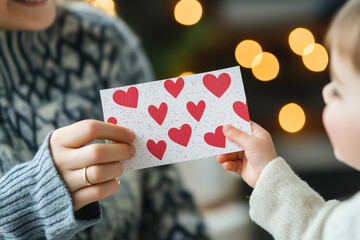 Young child handing a handmade card decorated with a red heart sticker to mother, expressing love and affection. Concept of family bonding, childhood emotions, love and gratitude.