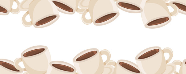 Vector seamless border featuring multiple white coffee cups with brown liquid, appearing from the top and bottom on a white background. Suitable for cafe, coffee shop, breakfast and beverage themes