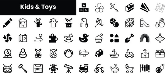 A diverse collection of black and white icons representing kids and toys, featuring playful elements like puzzles, kites, and stuffed animals.