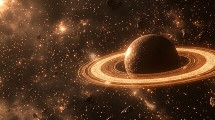 Golden ringed planet in a cosmic expanse