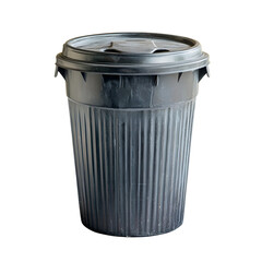 A dark grey ribbed disposable coffee cup with a black lid sits isolated on a transparent background isolated on transparent background
