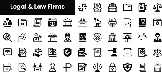 A collection of black and white icons representing legal and law firms, showcasing scales of justice, court buildings, legal documents, and professionals in a law-related context.