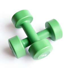 A green vinyl dumbbell isolated on a white background. 
The weight of one dumbbell is 1 kg.