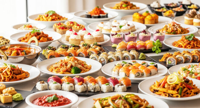 A vibrant sushi buffet spread with a variety of colorful dishes.