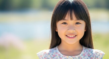 A young girl with long black hair smiling outdoors.