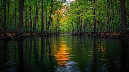 Serene Swamp Canal Reflecting Golden Sunlight